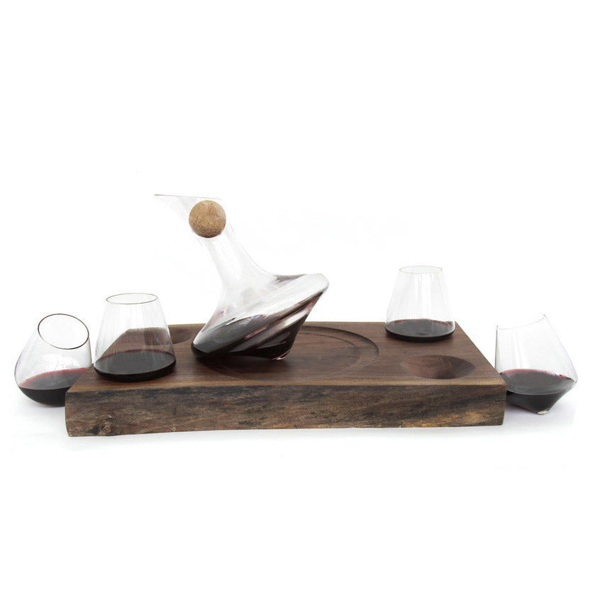 JR Foursome Live Edge JR Wine Decanter & 4 Revolving 12oz Wine Glasses with  Live Edge Walnut Serving Tray