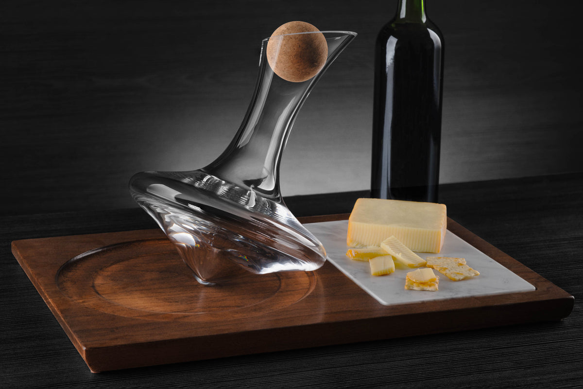 Swoon Living 750ml Flat Bottom Wine Decanter with Walnut Base and Pull Cork