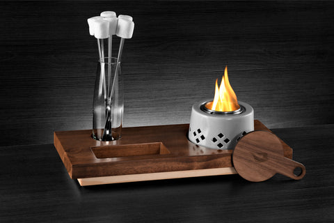 Flaming S'mores Kit - Ceramic Firepit with metal insert for fuel., Wood Snuffer, 6 Skewers, Skewers Glass, and Wood Tray.