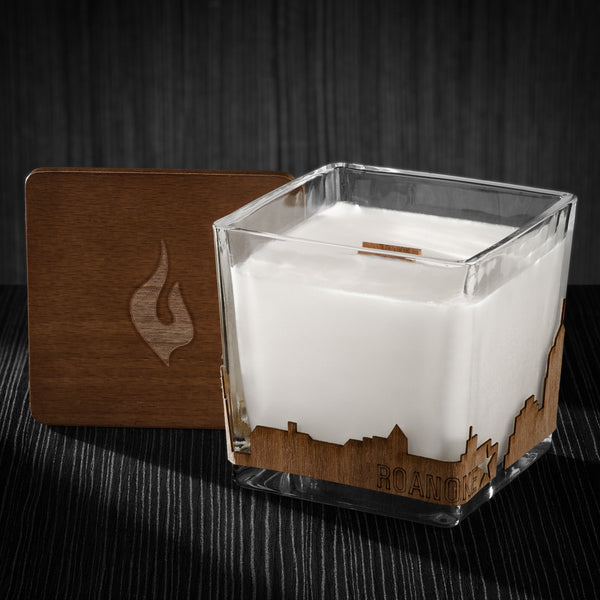 San Francisco Skyline Wood Wrapped Candle | Mahogany Scented Soy Based Square Candles with Wood Lid, 4x4x4