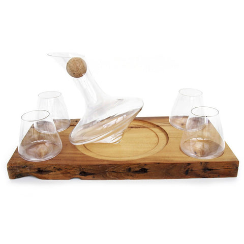 J.R Foursome barnwood JR Decanter and Four 12oz Glasses with Barn Wood Service Tray