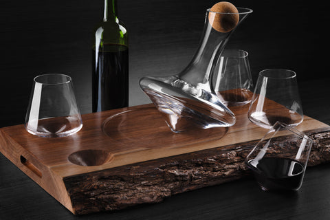 J.R Foursome Live Edge JR Wine Decanter & 4 Revolving 12oz Wine Glasses with Live Edge Walnut Serving Tray