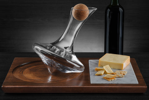 J.R Charcuterie  JR Wine Decanter on  Walnut Finished Stand with Marble Charcuterie Board